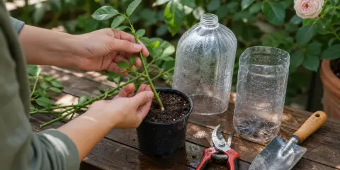 Mise en terre d'une bouture de rosier. Des mains insèrent une tige verte dans un pot de terreau, avec des ciseaux et une pelle à proximité.