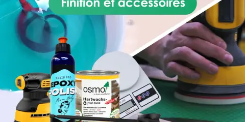 Outils de finition : ponceuse, mélangeur, balance, pot d'huile pour bois. Une alternative à la résine époxy pour un fini naturel.