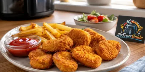 Knusprige chicken nuggets mit Pommes und Ketchup, perfekt aus der Heißluftfritteuse.