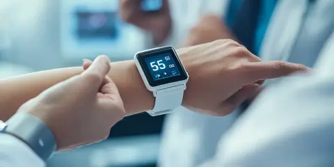 Biały smartwatch na nadgarstku pokazuje 55 uderzeń na minutę, monitorując tętno spoczynkowe.