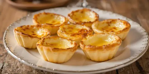 Assiette de délicieux pasteis de nata dorés, leur crème onctueuse invitant à la dégustation.