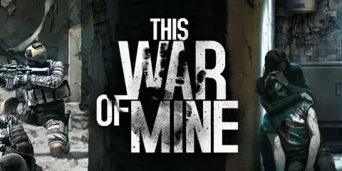 This War of Mine" lektura: żołnierze w ruinach i osoba niosąca rannego. Obraz przedstawia trudne realia wojny.