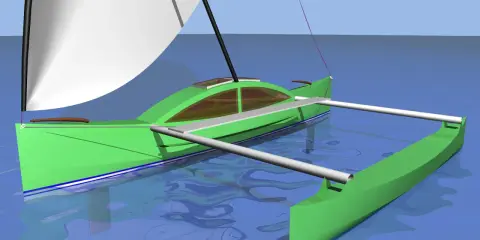 Un prao bateau vert, avec une voile blanche, navigue sur une eau bleue calme.