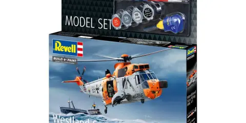 Revell Modellbausatz "Westland Sea King Mk.41" mit Hubschrauber im Einsatz über dem Meer. Enthält Farben und Pinsel.