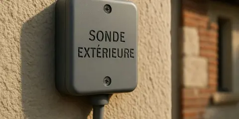 Boîtier gris fixé au mur, marqué "SONDE EXTÉRIEURE". Un câble en sort.
