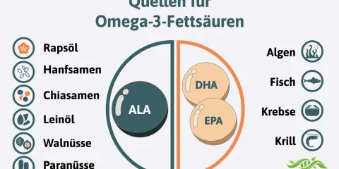 Quellen für Omega-3-Fettsäuren: Rapsöl, Hanfsamen, Chiasamen, Leinöl, Walnüsse, Paranüsse, Algen, Fisch, Krebse, Krill. Die Grafik zeigt, wieviel Omega 3 am Tag man zu sich nehmen kann.