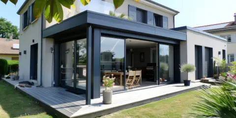 Une véranda moderne avec de grandes baies vitrées s'ouvre sur une terrasse en bois. La nouvelle loi sur les véranda permet de tels agrandissements.