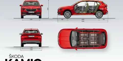 Skoda Kamiq dimensioni: vista frontale, laterale e dall'alto con misure in mm. Un SUV compatto e spazioso.
