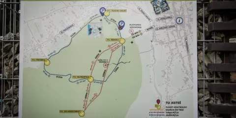 Mapa szlaku turystycznego z zaznaczonym leśne molo, punktami kontrolnymi i odległościami.