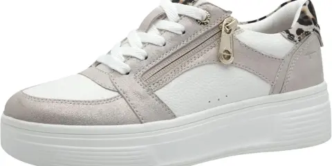 Modischer Sneaker in Weiß und Silber mit Leo-Akzenten. Die Schnürung und der Reißverschluss bieten Komfort. Was bedeutet wide fit bei schuhen? Dieser Schuh könnte eine gute Option sein.