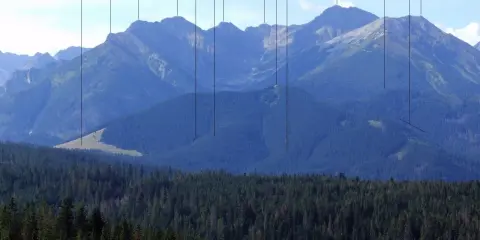 Gęsia szyja widoki na Tatry. Widać pasmo górskie z lasem iglastym na pierwszym planie i skalistymi szczytami w tle, oznaczonymi nazwami.