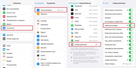 Ustawienia > Prywatność > Usługi lokalizacji > Usługi systemowe > Kalibracja kompasu. Tak działa kompas w telefonie.