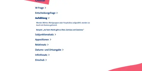 Glossar mit Liste grammatikalischer Begriffe, z.B. Aufzählung mit Beispiel.