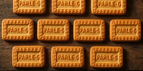 Dix biscuits Parle-G disposés en rangées sur un fond en bois. Une estimation de sujet en biscuit ancien.