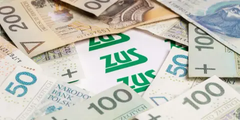 Złotówki w różnych nominałach otaczają zielone logo ZUS. Mały zus to symbol oszczędności na przyszłość.