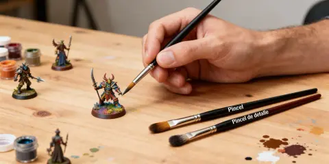 Mano pintando miniaturas con diferentes tipos de pinceles. Se aprecian pinceles para detalles y generales.