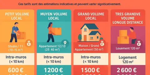 Estimation des coûts d'un déménagement à Paris : petit volume local (600-1000€), moyen volume (1200-1800€), grand volume (1500-2500€), très grand volume longue distance (2600-2800€).