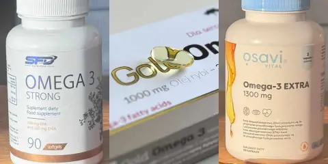 Suplementy diety Omega-3 na co? Na serce i wzrok. Na zdjęciu trzy opakowania: SFD Omega 3 Strong, Gold Omega 3 i Osavi Omega-3 EXTRA.
