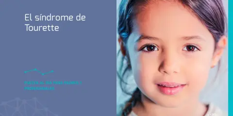 Primer plano de una niña sonriente, con texto que dice "El síndrome de Tourette". Información para padres y profesionales.