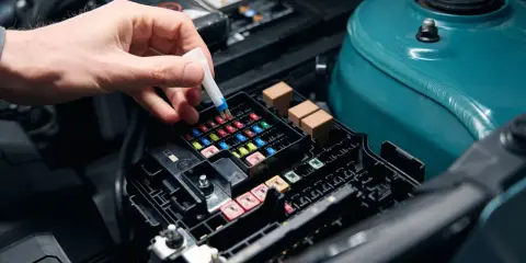 Mano insertando un fusible en la caja de fusibles del coche.