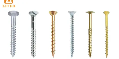 Seis tipos de tornillos diferentes, plateados y dorados, con cabezas hexagonales, ranuradas y avellanadas.