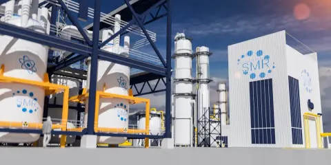Nowoczesna elektrownia SMR w Polsce. Widok na reaktory i budynek z logo atomu.