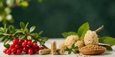 Berberyna i inozytol w kapsułkach, obok gałązki z czerwonymi owocami, białych owoców i nasion w drewnianej miseczce.