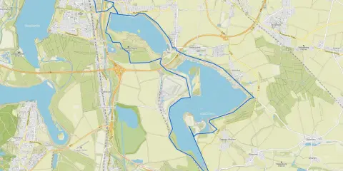 Karte zeigt eine Radtour um den Cospudener und den Stormthaler See bei Leipzig.