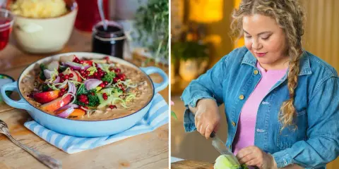Susanne Jonsson recept: en matig gryta med grönsaker och bär, och en kvinna som förbereder mat.