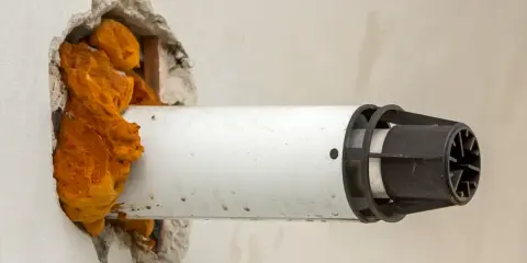 Instalación de tubería blanca para salida de humos de caldera de condensación, sellada con espuma expansiva. Cumpliendo la normativa.
