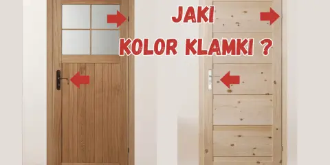 Dwie drewniane drzwi wewnętrzne: ciemniejsze z szybą i jaśniejsze z poziomymi deskami. Czerwone strzałki wskazują na pytanie: "Jaki kolor klamki?".