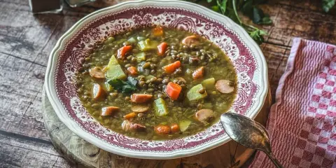 Herzhafte Linsensuppe mit Würstchen und Gemüse, ein Klassiker unter den Linsen Rezepten, serviert in einer schönen Schüssel.