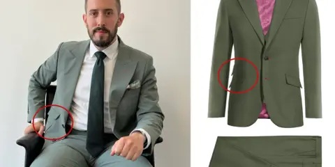 Man in a sage green suit with a ticket pocket, showing off the suit's details.