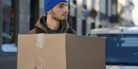 Młody mężczyzna w niebieskiej czapce niesie paczkę. Czy dpd dostarcza w soboty? Zima na ulicy, śnieg na chodniku.