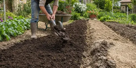 Un jardinier expérimenté enrichit la terre, montrant quand mettre du fumier dans le jardin pour des récoltes abondantes.