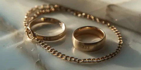 Dwa złote pierścionki, jeden z napisem "333", drugi z oznaczeniem "<5", leżą na łańcuszku. To może być najniższa próba złota, symbolizująca prostotę i autentyczność.