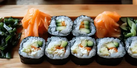 Pyszne sushi z łososiem, ogórkiem i awokado. Idealne dodatki do sushi to marynowany imbir i wodorosty wakame.