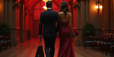 Elegancka para w czerwieni, on w garniturze, ona w sukni, idą korytarzem. Ich strój do teatru na komedię podkreśla wyjątkową okazję.