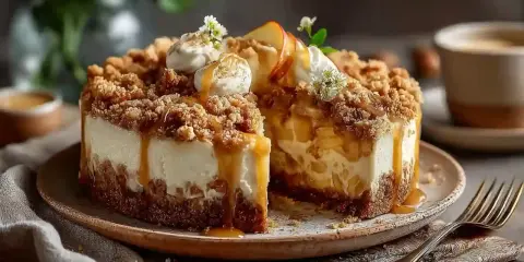 Ein köstlicher Apfel-Crumble-Käsekuchen, dekoriert mit Sahne und Karamell. Ein perfektes Crumble Rezept für Genießer.