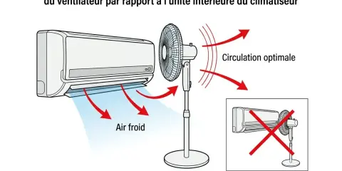 Schéma montrant comment positionner un ventilateur pour une circulation d'air optimale avec un climatiseur. Le mode fan du climatiseur est bien utilisé.