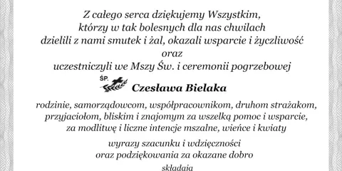 Wyrazy wdzięczności i podziękowania za udział w pogrzebie Czesława Bielaka.