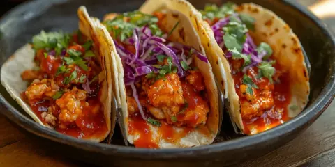 Tres tacos de pollo con salsa roja, repollo morado y cilantro fresco, servidos en un plato oscuro.