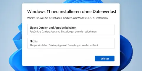 Fenster mit Optionen zur Neuinstallation von Windows 11. Man kann wählen, ob eigene Dateien und Apps beibehalten oder alles gelöscht werden soll. Dies ist ein Schritt, um einen Windows-Neustart zu erzwingen.