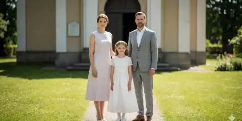 Elegancki strój rodziców na komunię dziecka: mama w jasnej sukience, tata w szarym garniturze, obok córka w bieli.