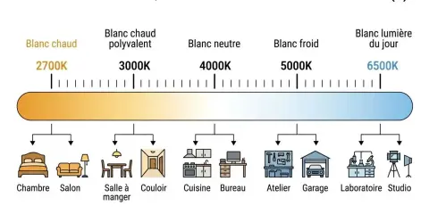 Diagramme de température de couleur, du blanc chaud (2700K) pour une ambiance cosy, au blanc lumière du jour (6500K) pour un laboratoire.