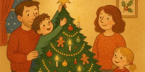 Familjen pyntar julgranen med kulor, pepparkakor och ljus. En fin stund med fakta om jul.