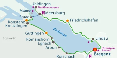 Karte des Bodensees mit Radfernwegen Deutschland. Routen verbinden Orte wie Konstanz, Lindau und Bregenz.
