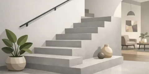 Nowoczesne schody z betonu architektonicznego, czyli co to jest mikrocement. Obok donica z rośliną i wazony.