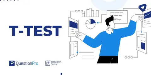 Illustrazione di un uomo che analizza dati e grafici, con il testo "T-TEST" in evidenza. La formula del t-test è implicita nell'analisi.
