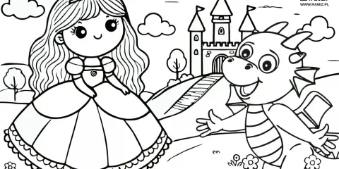 Urocza księżniczka i przyjazny smok czekają na pokolorowanie. Ta kolorowanka z rodziną przeniesie Cię do świata bajek.